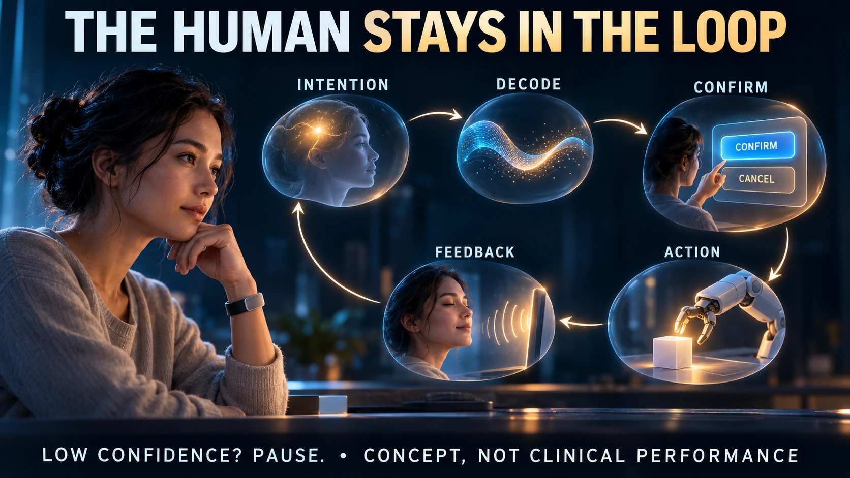 A human-controlled loop linking intention, decoding, confirmation, action and feedback, with confirm and cancel choices