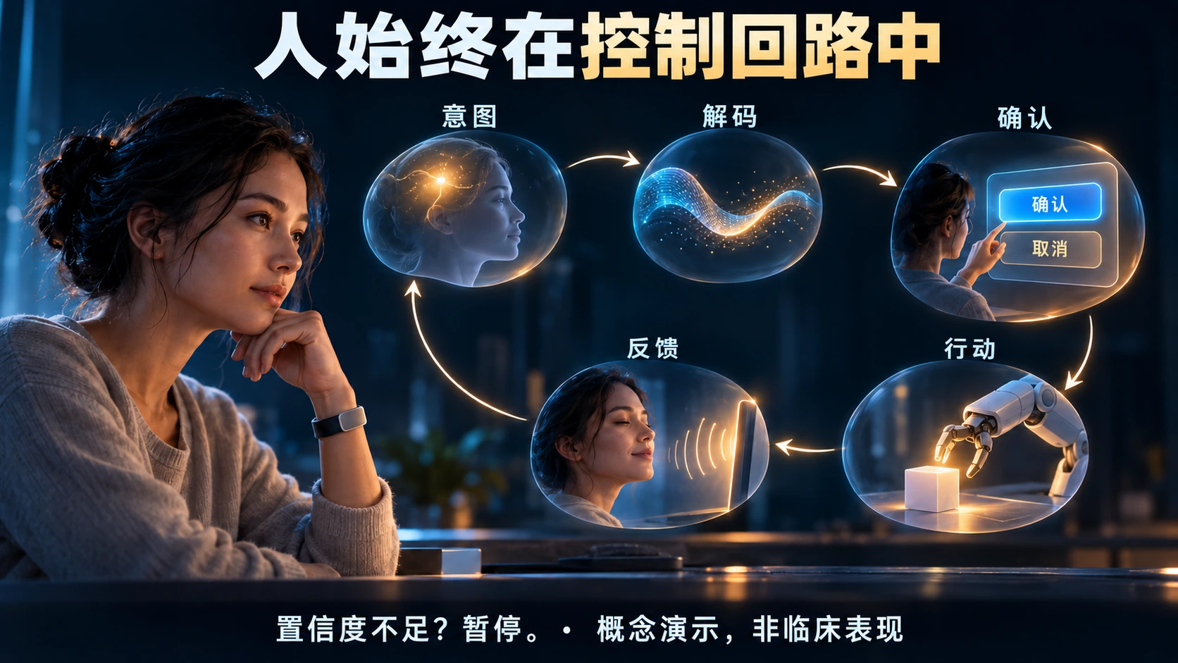 使用者通过意图、解码、确认、行动和反馈参与控制闭环,界面提供确认与取消