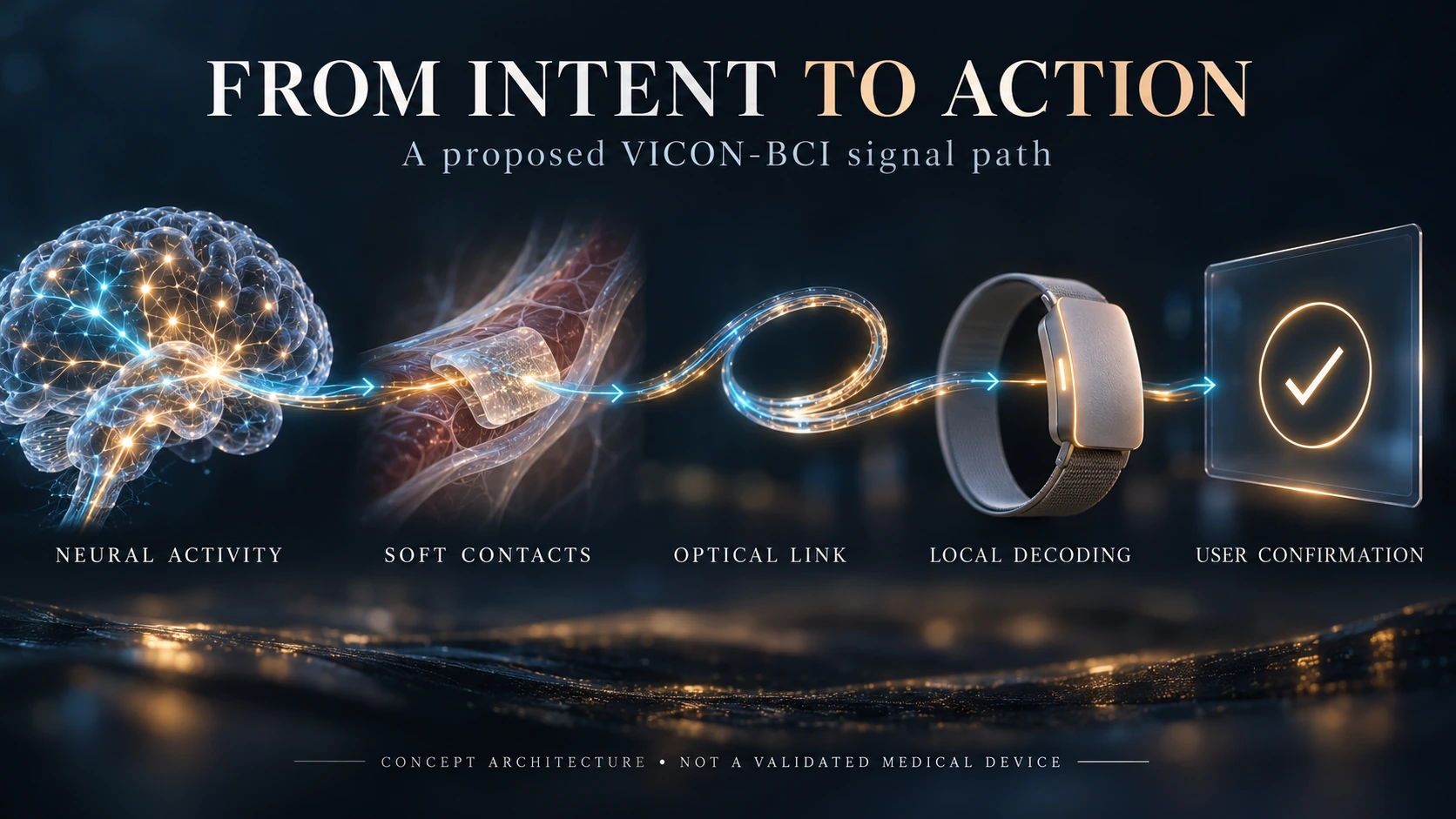 VICON-BCI concept signal path: neural activity, soft contacts, optical link, local decoding and user confirmation