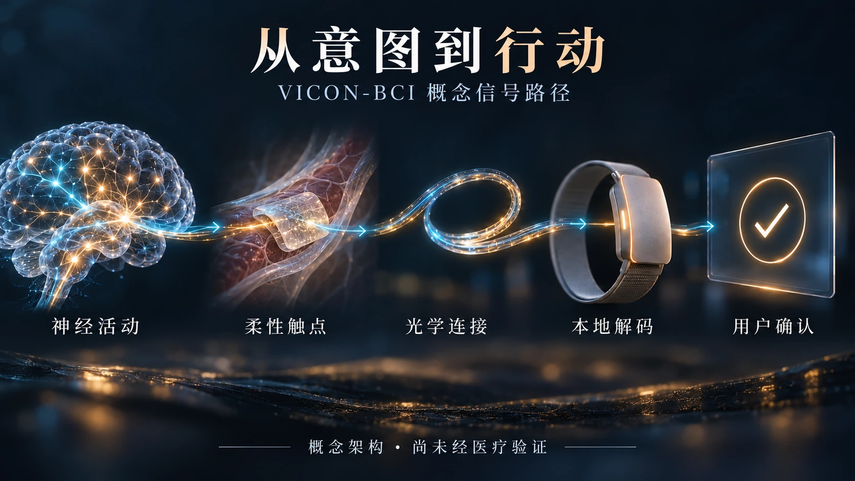 VICON-BCI 概念信号路径:神经活动、柔性触点、光学连接、本地解码与用户确认