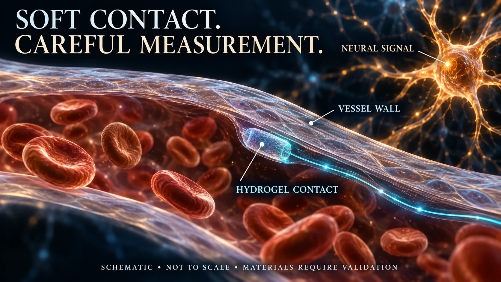 Concept sensing interface showing neural signals outside a vessel, the vessel wall and an intravascular hydrogel contact