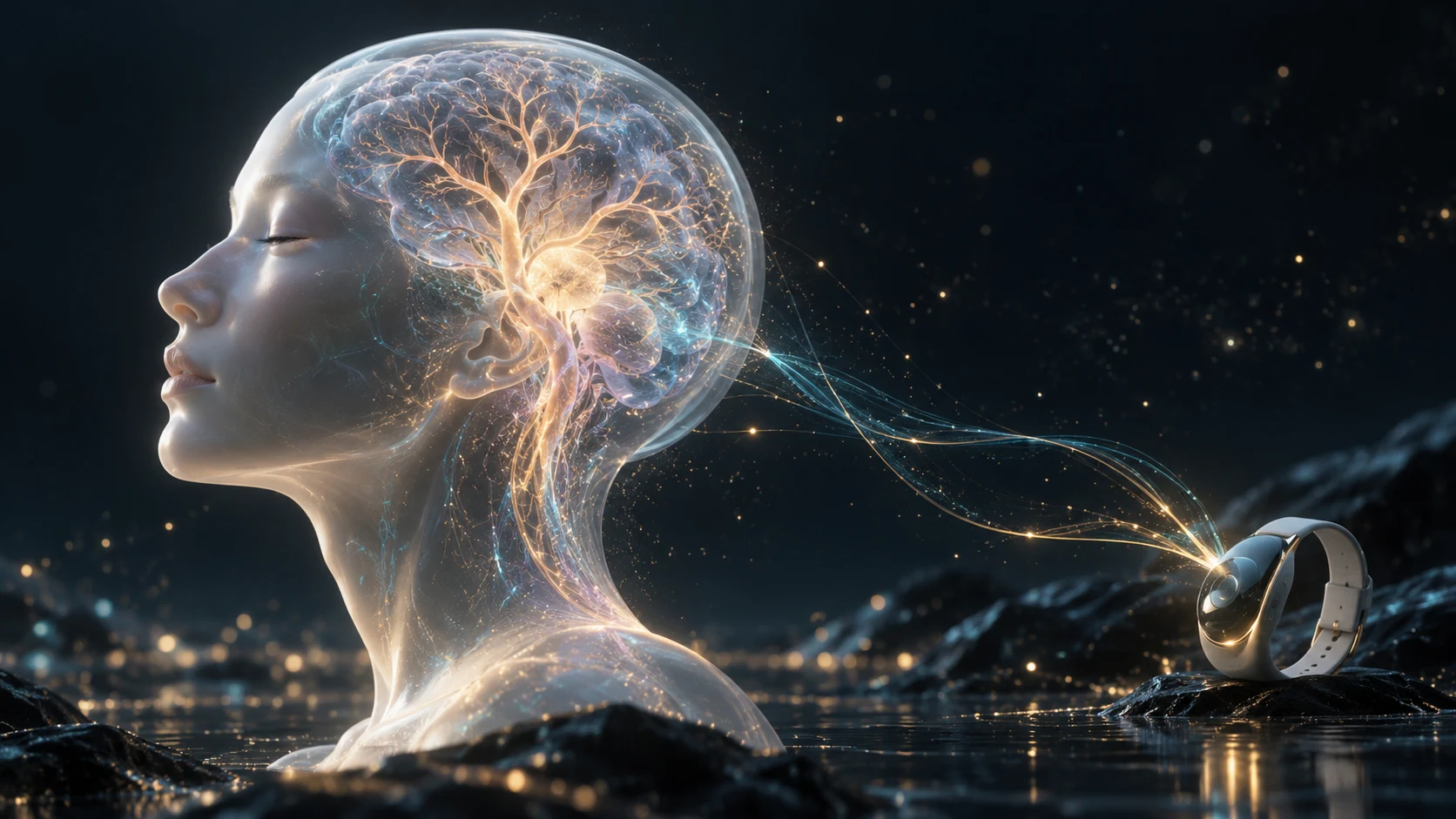 AI 生成的 VICON-BCI 未来概念插画。光丝表达信息连接,不代表真实人体布线、医学影像或已实现的器械。